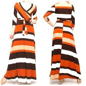 Janette Fashion Rust Brown Bold Stripe Faux Wrap Maxi Dress